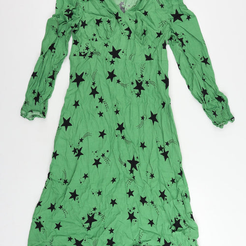 Marks and Spencer Womens Green Geometric Viscose A-Line Size 10 V-Neck Zip - Star Print