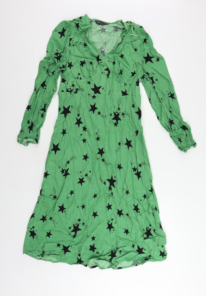 Marks and Spencer Womens Green Geometric Viscose A-Line Size 10 V-Neck Zip - Star Print
