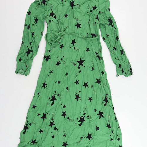 Marks and Spencer Womens Green Geometric Viscose A-Line Size 10 V-Neck Zip - Star Print