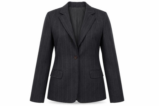 Front view of French Connection women’s grey striped jacket blazer, size UK 12, button