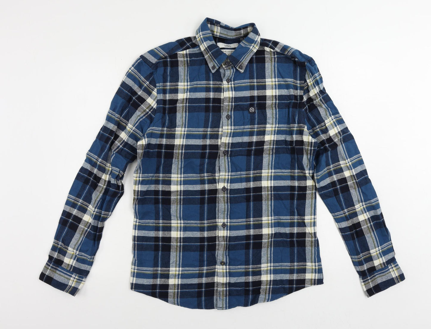 Marks and Spencer Mens Blue Plaid Cotton Button-Up Size S Collared Button