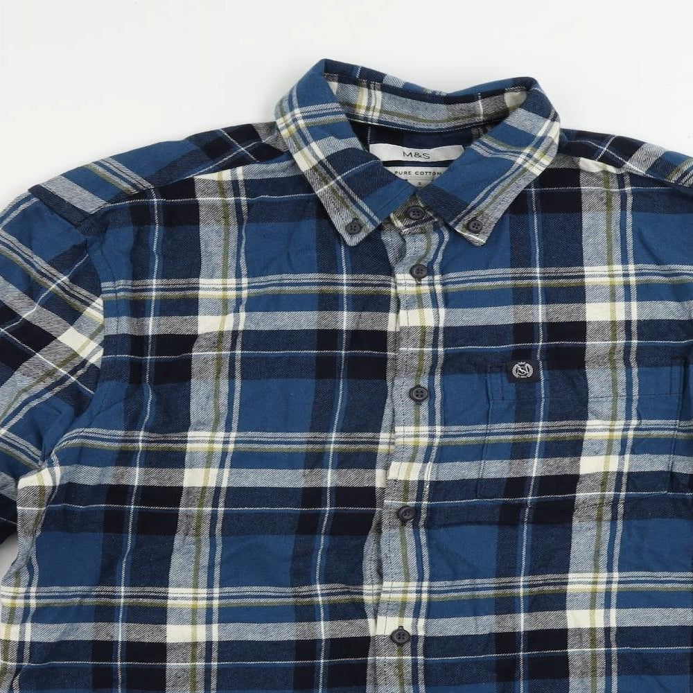 Marks and Spencer Mens Blue Plaid Cotton Button-Up Size S Collared Button