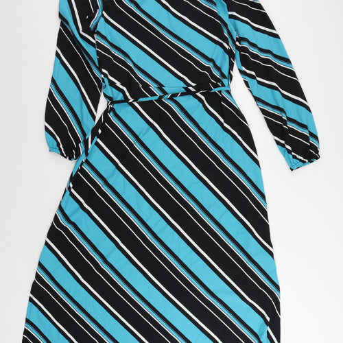 Marks and Spencer Womens Blue Striped Polyester A-Line Size 10 Mock Neck Button