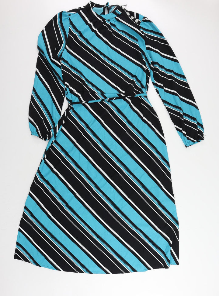 Marks and Spencer Womens Blue Striped Polyester A-Line Size 10 Mock Neck Button