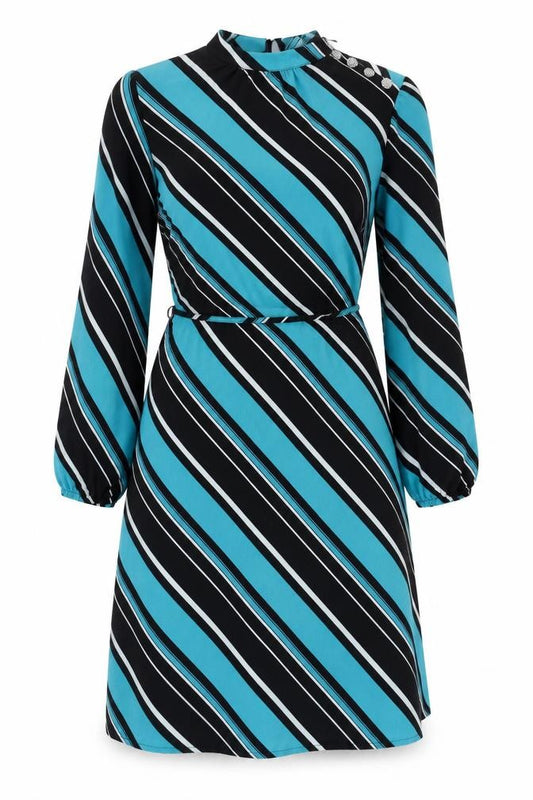 Front view of Marks & Spencer women’s blue striped polyester a-line, size UK 10, mock neck button