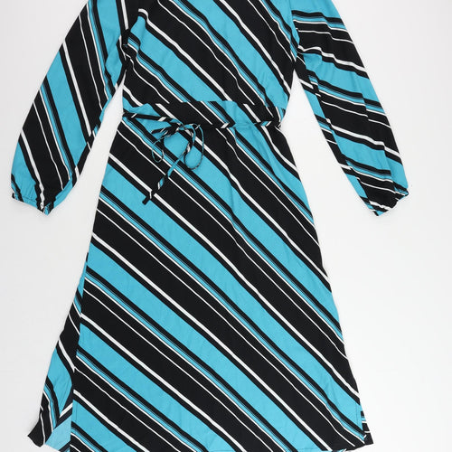 Marks and Spencer Womens Blue Striped Polyester A-Line Size 10 Mock Neck Button