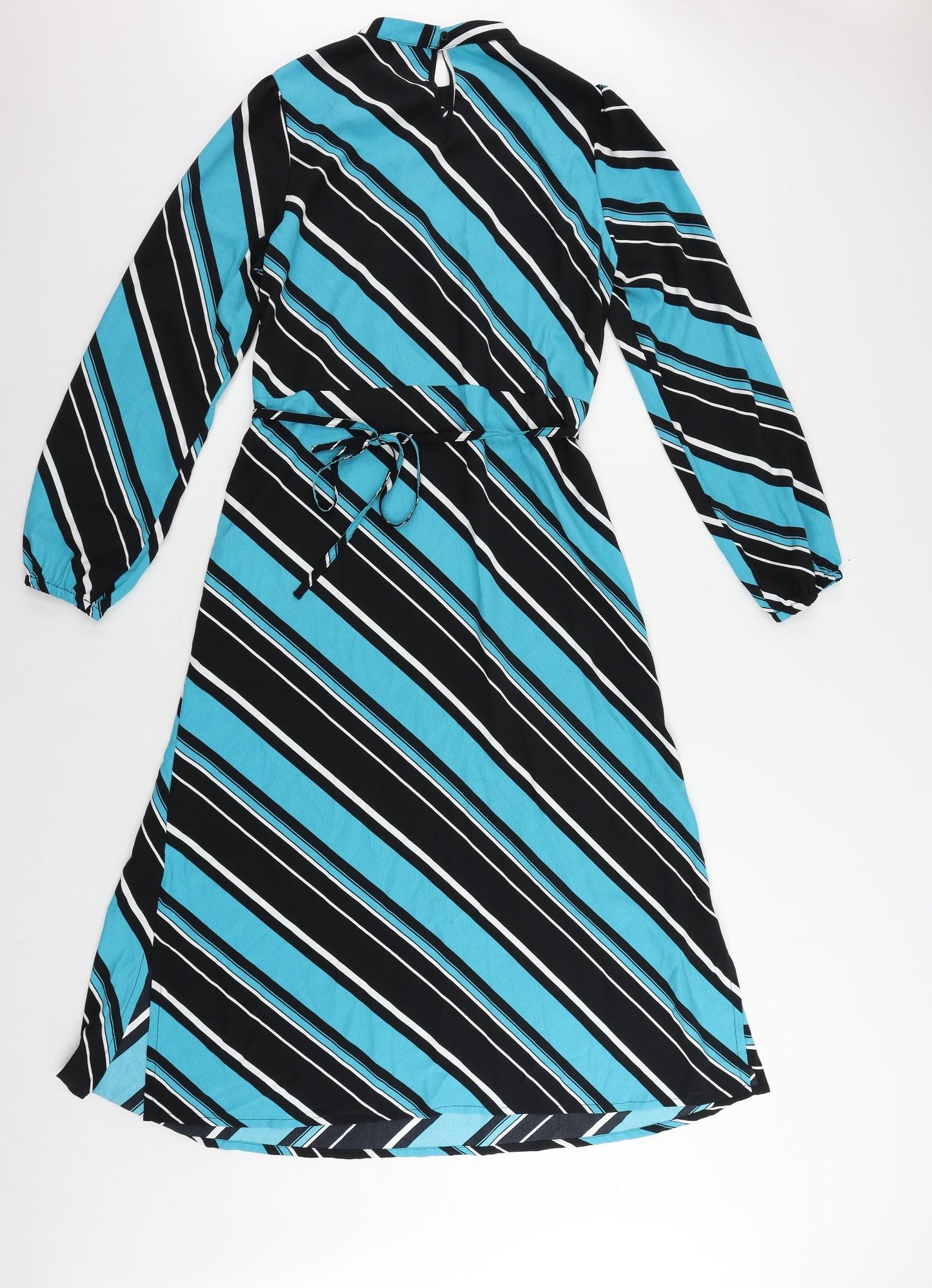 Marks and Spencer Womens Blue Striped Polyester A-Line Size 10 Mock Neck Button