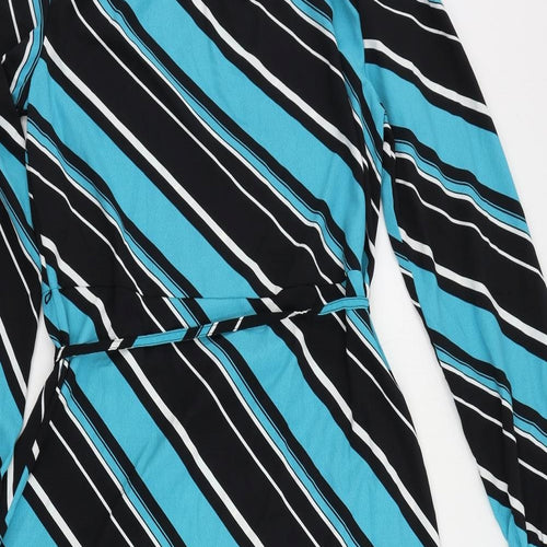Marks and Spencer Womens Blue Striped Polyester A-Line Size 10 Mock Neck Button