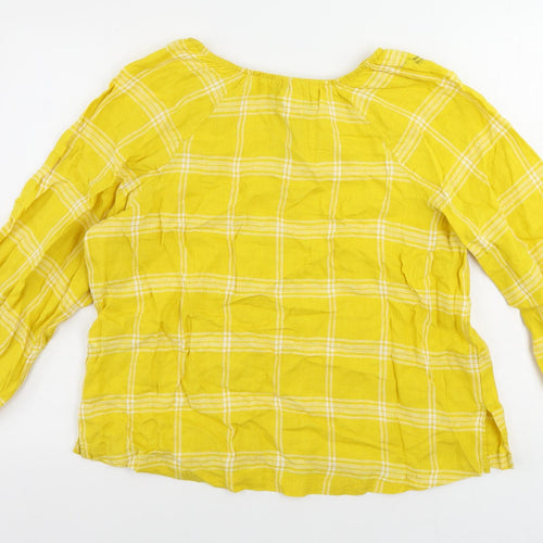 Marks and Spencer Womens Yellow Plaid Linen Basic Blouse Size 12 Boat Neck