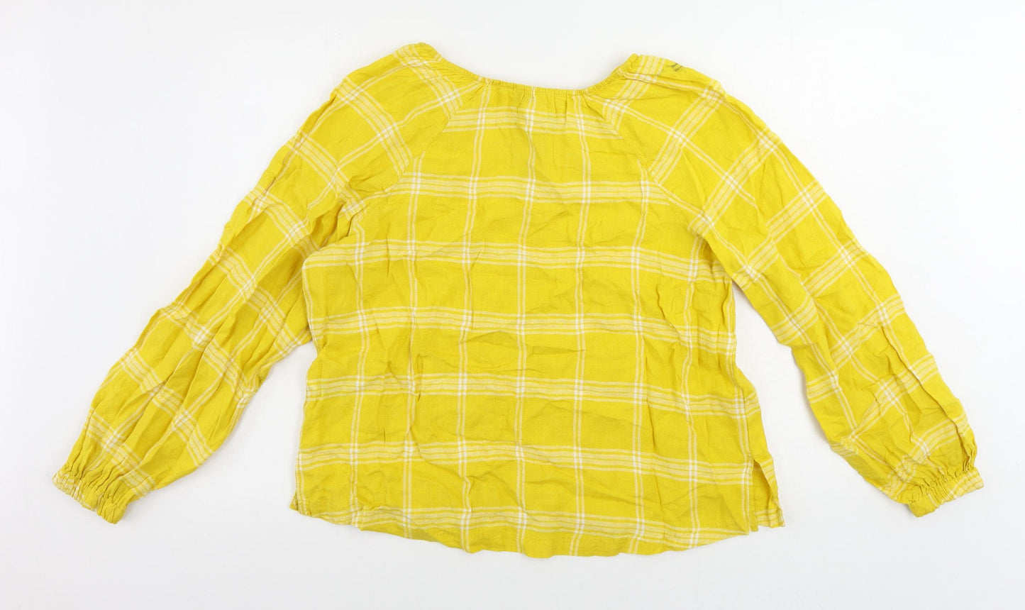 Marks and Spencer Womens Yellow Plaid Linen Basic Blouse Size 12 Boat Neck
