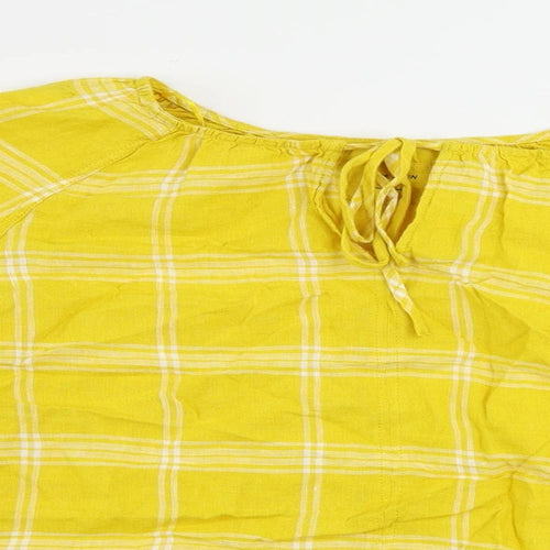 Marks and Spencer Womens Yellow Plaid Linen Basic Blouse Size 12 Boat Neck
