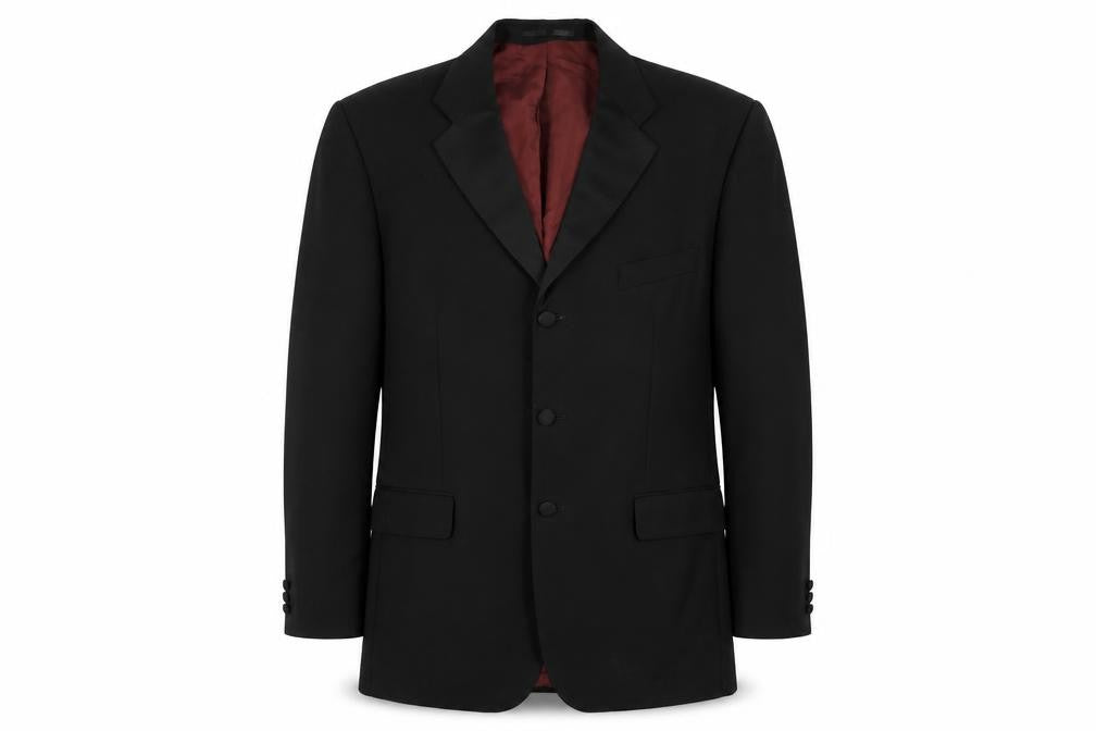 Front view of Fellini men’s black wool tuxedo suit jacket, size 42, regular
