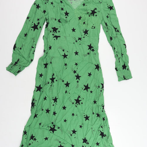 Marks and Spencer Womens Green Geometric Viscose A-Line Size 10 V-Neck Zip - Star Print