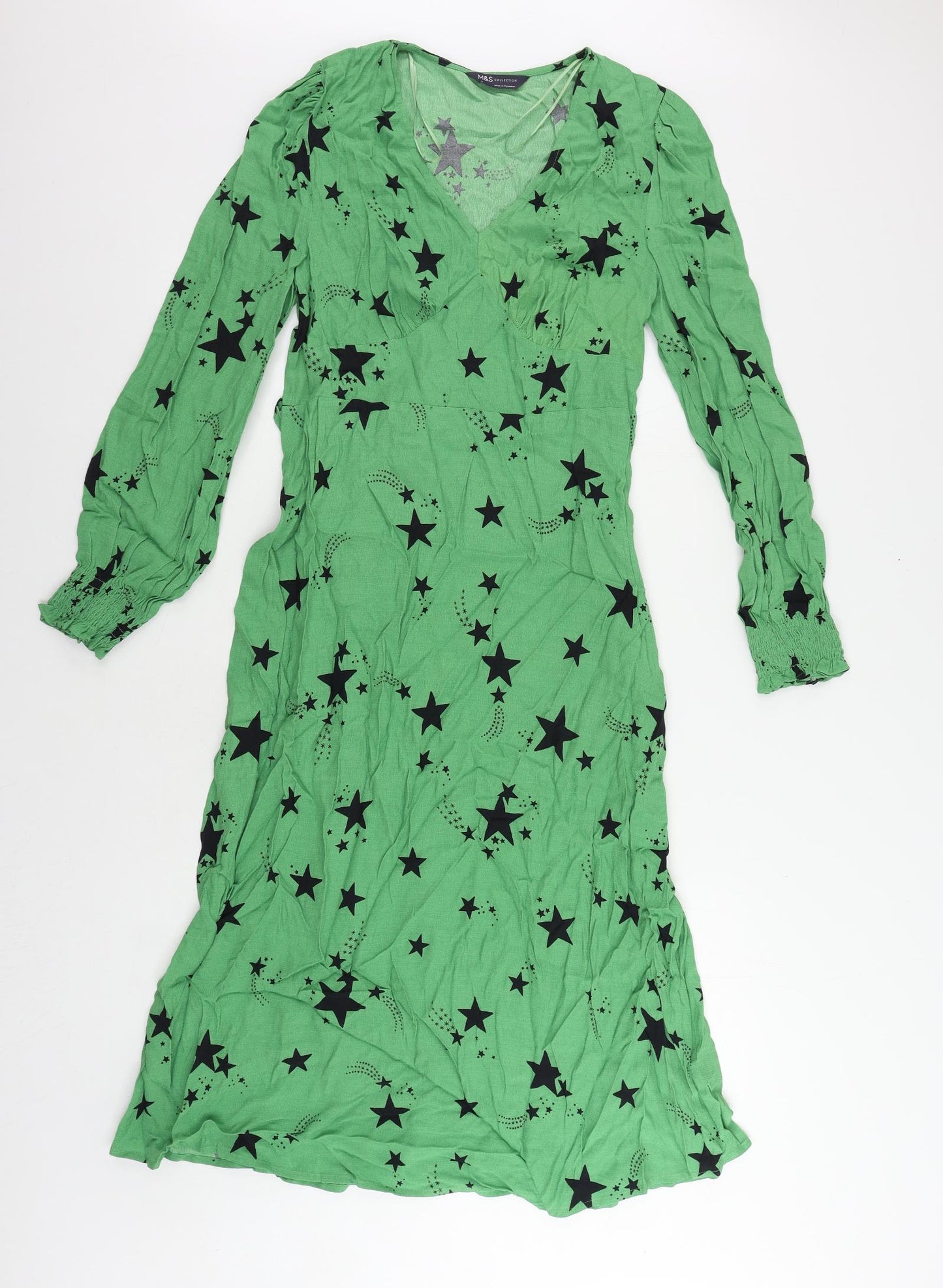 Marks and Spencer Womens Green Geometric Viscose A-Line Size 10 V-Neck Zip - Star Print