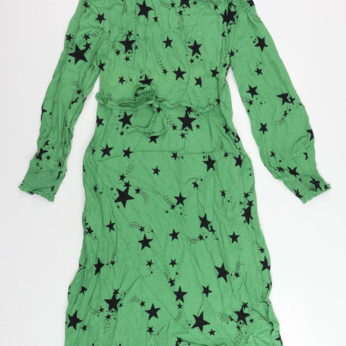 Marks and Spencer Womens Green Geometric Viscose A-Line Size 10 V-Neck Zip - Star Print