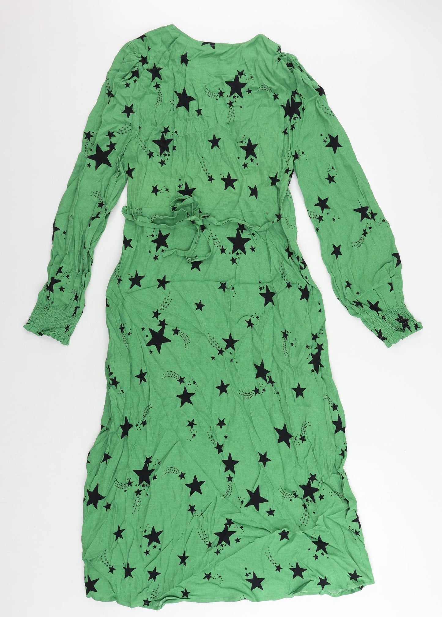 Marks and Spencer Womens Green Geometric Viscose A-Line Size 10 V-Neck Zip - Star Print