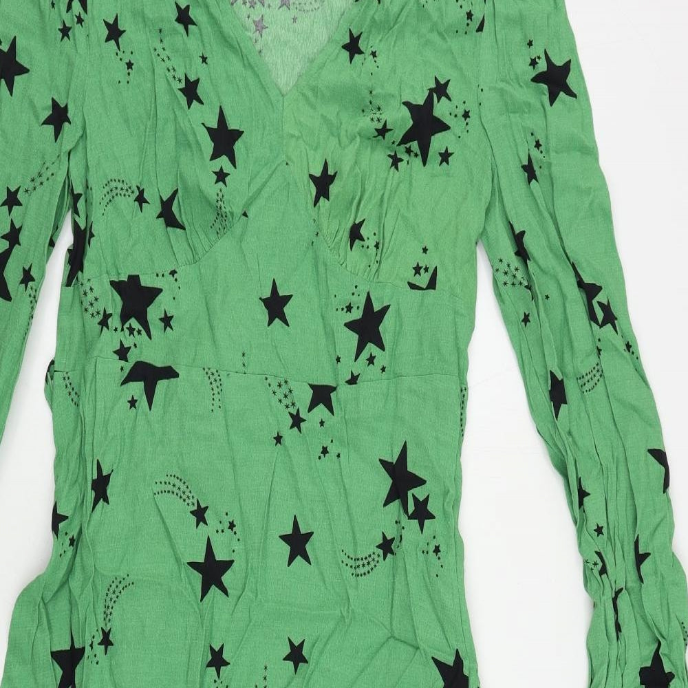 Marks and Spencer Womens Green Geometric Viscose A-Line Size 10 V-Neck Zip - Star Print