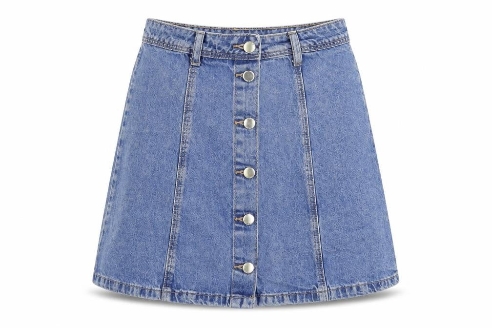Front view of Divided by H&M women’s blue cotton mini skirt, size UK 6, button