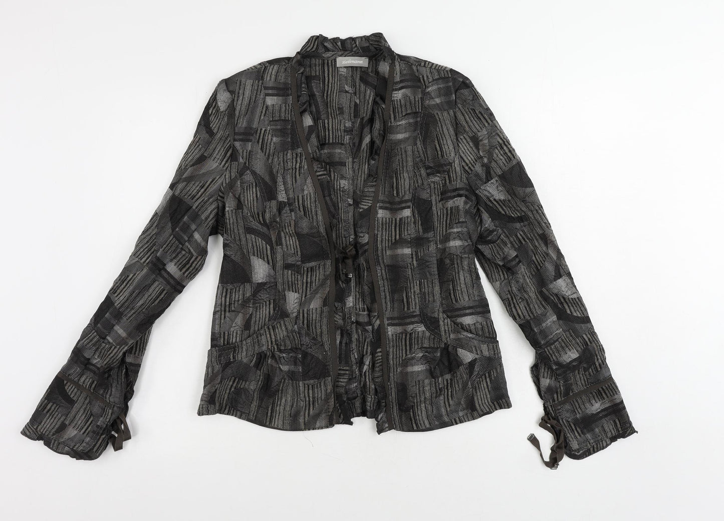 Steinmann Womens Grey Geometric Jacket Blazer Size 10 Tie