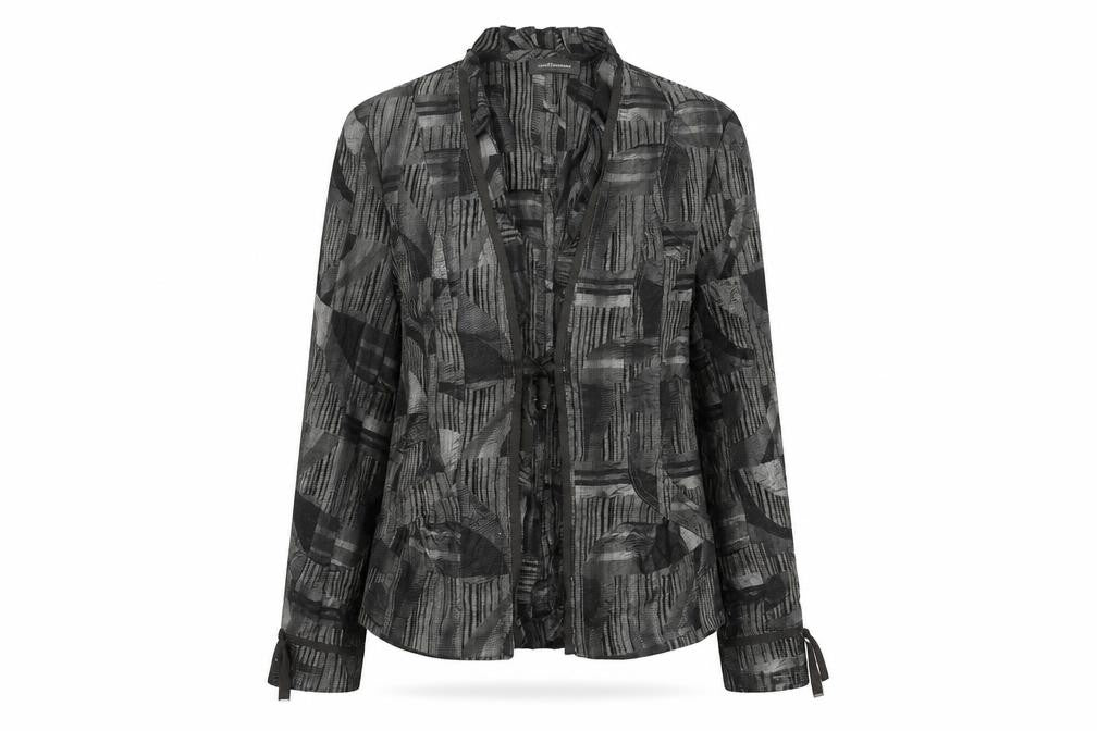 Front view of Steinmann women’s grey geometric jacket blazer, size UK 10, tie