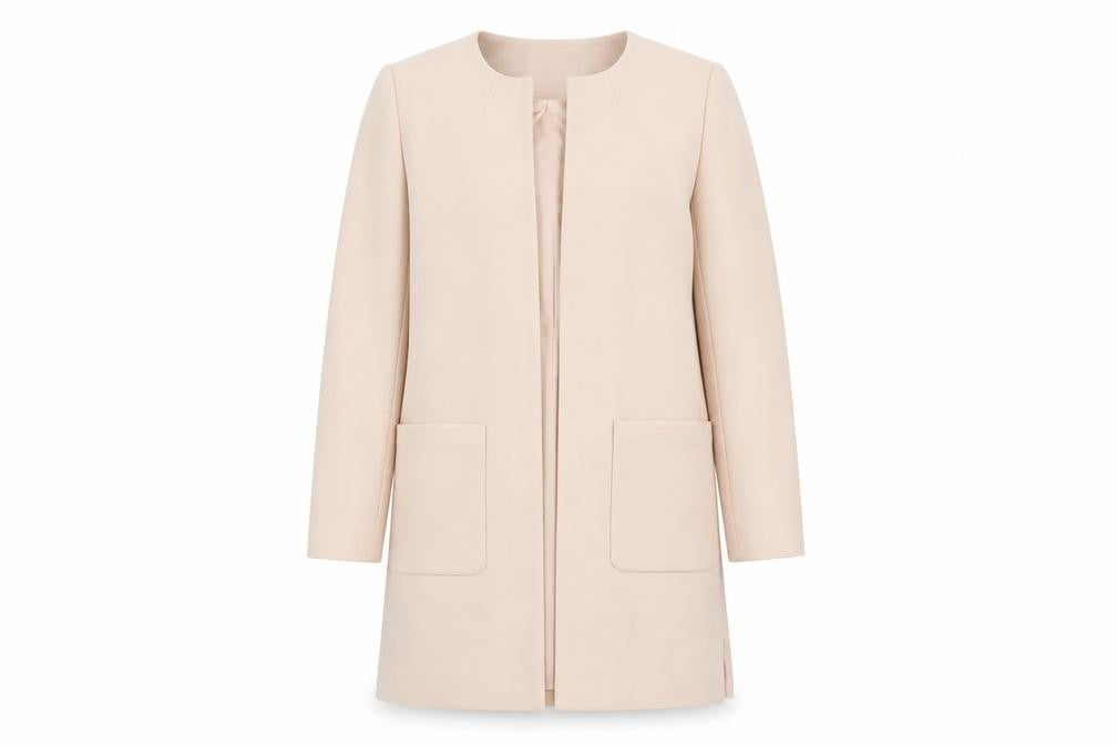 Front view of H&M women’s pink overcoat coat, size UK 4, - lightweight