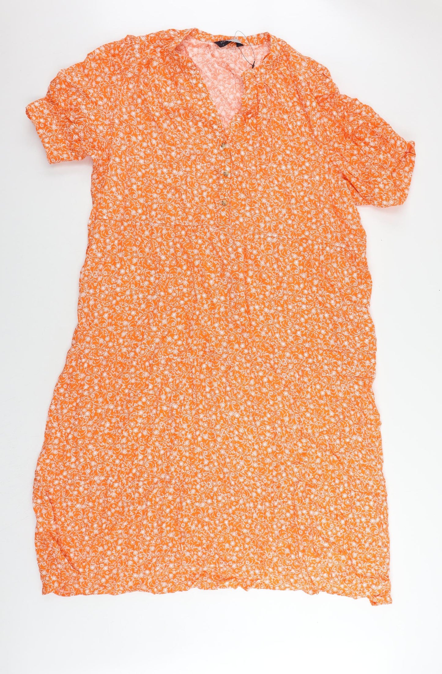 Marks and Spencer Womens Orange Floral Viscose A-Line Size 22 V-Neck Button