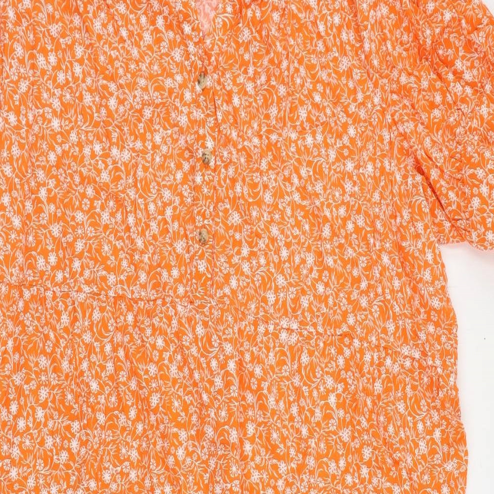 Marks and Spencer Womens Orange Floral Viscose A-Line Size 22 V-Neck Button