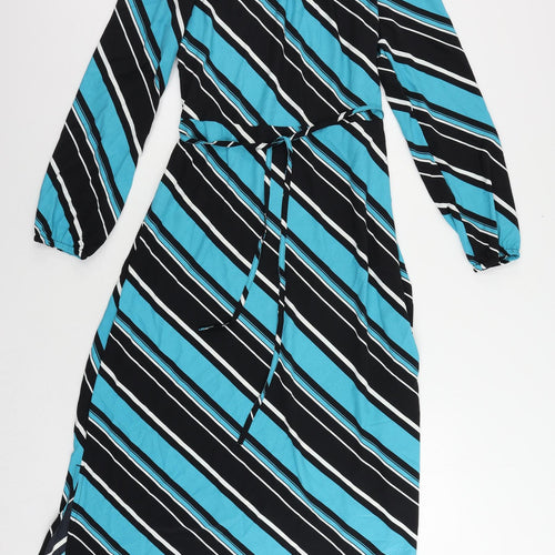 Marks and Spencer Womens Blue Striped Polyester A-Line Size 10 Mock Neck Button