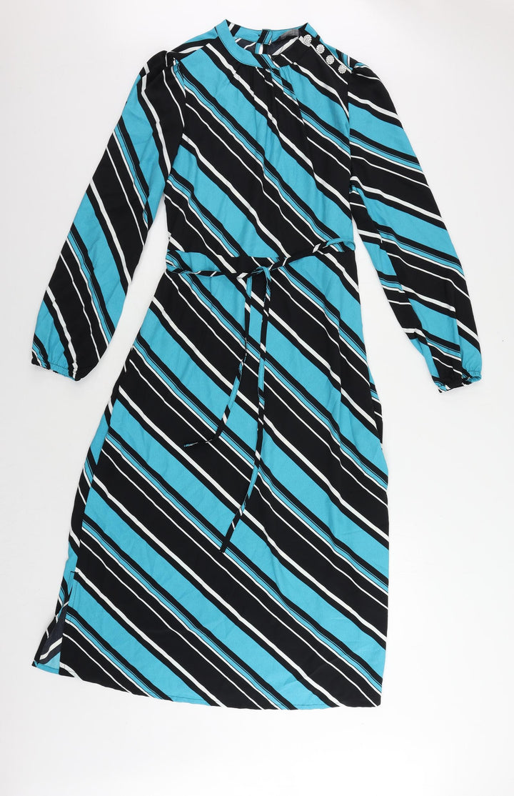 Marks and Spencer Womens Blue Striped Polyester A-Line Size 10 Mock Neck Button