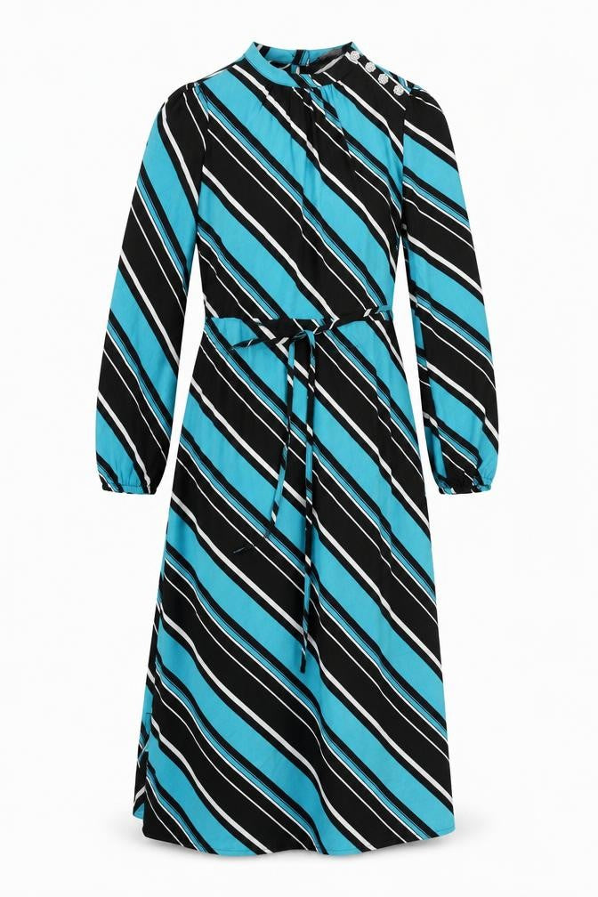 Front view of Marks & Spencer women’s blue striped polyester a-line, size UK 10, mock neck button