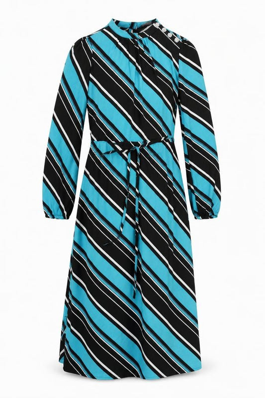 Front view of Marks & Spencer women’s blue striped polyester a-line, size UK 10, mock neck button