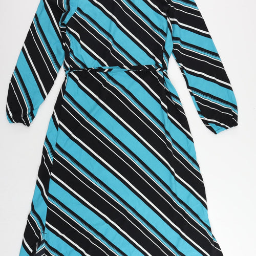 Marks and Spencer Womens Blue Striped Polyester A-Line Size 10 Mock Neck Button