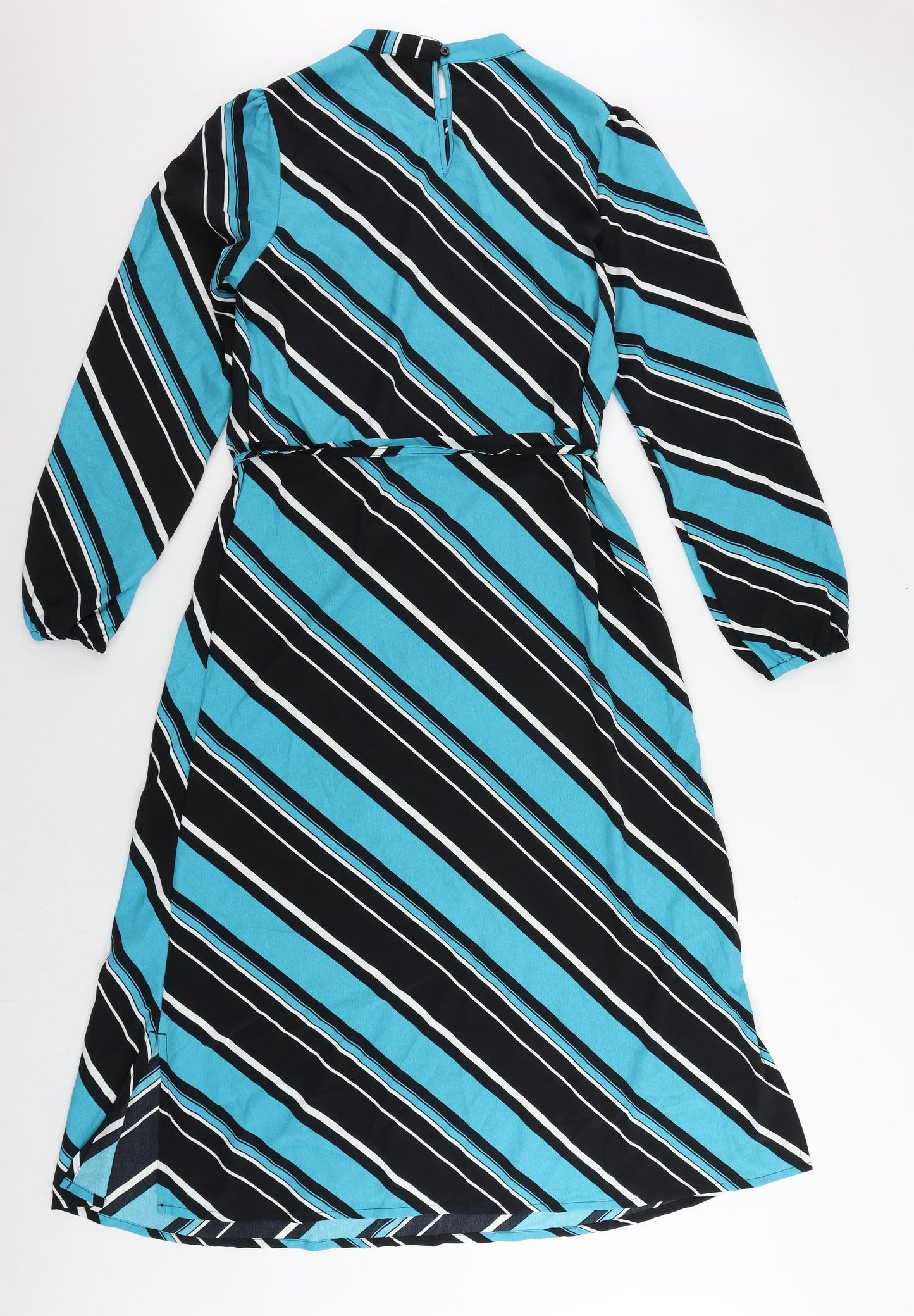 Marks and Spencer Womens Blue Striped Polyester A-Line Size 10 Mock Neck Button