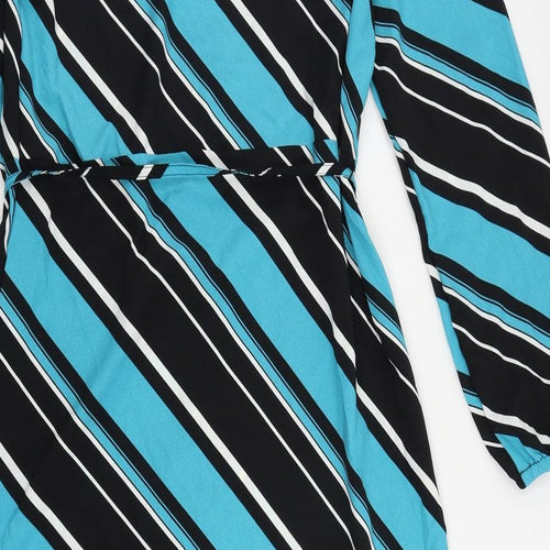 Marks and Spencer Womens Blue Striped Polyester A-Line Size 10 Mock Neck Button