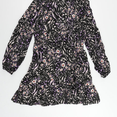 Marks and Spencer Womens Black Geometric Viscose Fit & Flare Size 14 V-Neck Button - Belted