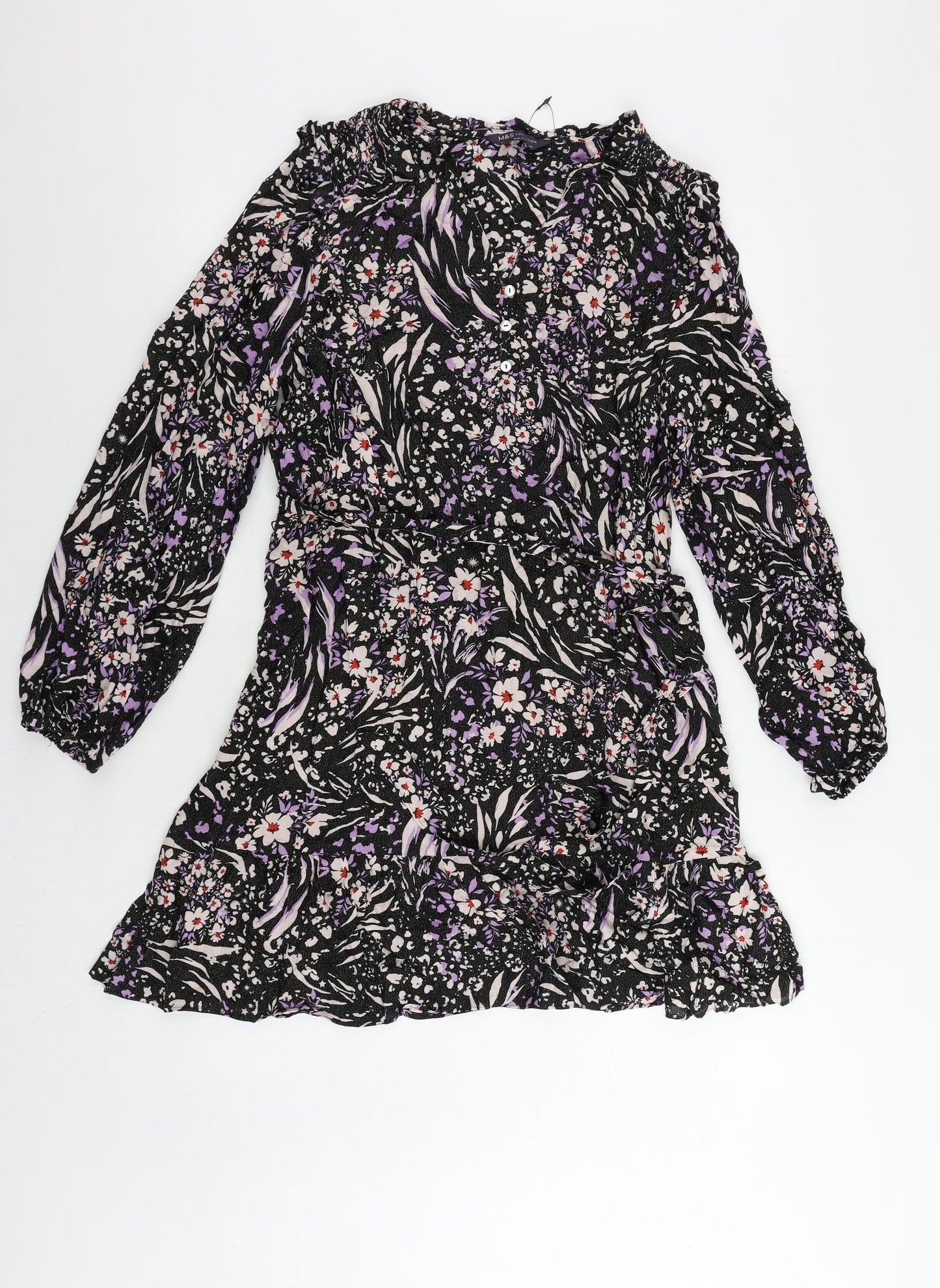 Marks and Spencer Womens Black Geometric Viscose Fit & Flare Size 14 V-Neck Button - Belted