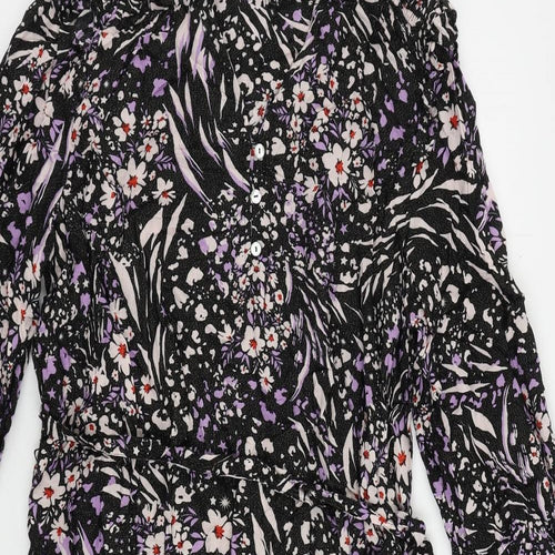 Marks and Spencer Womens Black Geometric Viscose Fit & Flare Size 14 V-Neck Button - Belted
