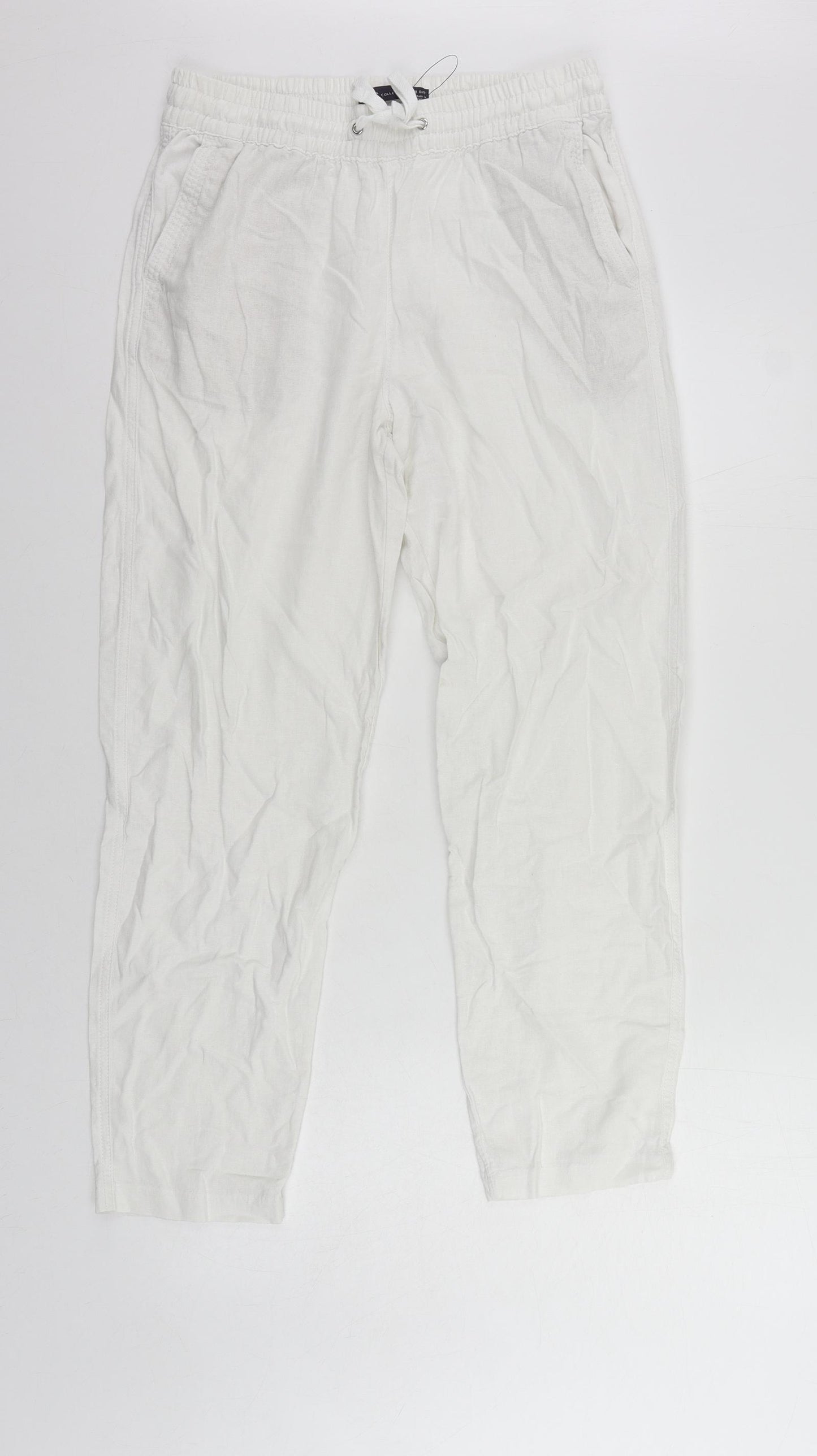 Marks and Spencer Womens White Linen Trousers Size 10 L26 in Regular Drawstring