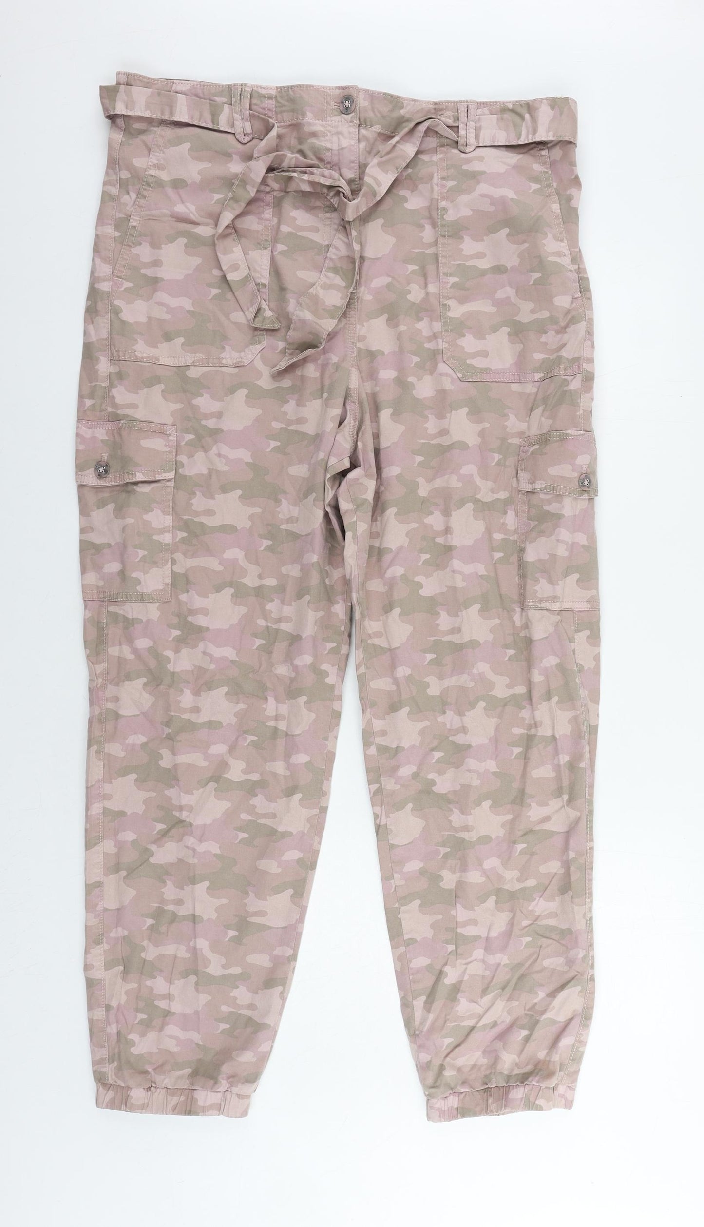 Marks and Spencer Womens Pink Camouflage Lyocell Cargo Trousers Size 18 L28 in Regular Zip - Belted