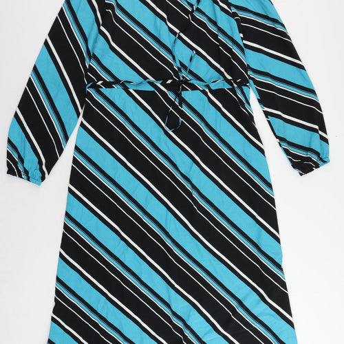 Marks and Spencer Womens Blue Striped Polyester A-Line Size 10 Mock Neck Button