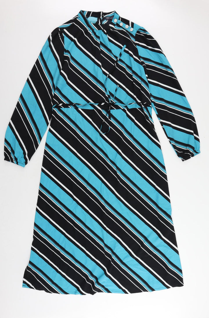 Marks and Spencer Womens Blue Striped Polyester A-Line Size 10 Mock Neck Button