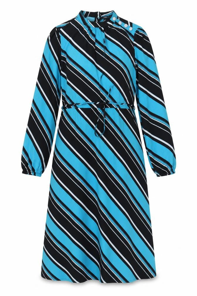 Front view of Marks & Spencer women’s blue striped polyester a-line, size UK 10, mock neck button