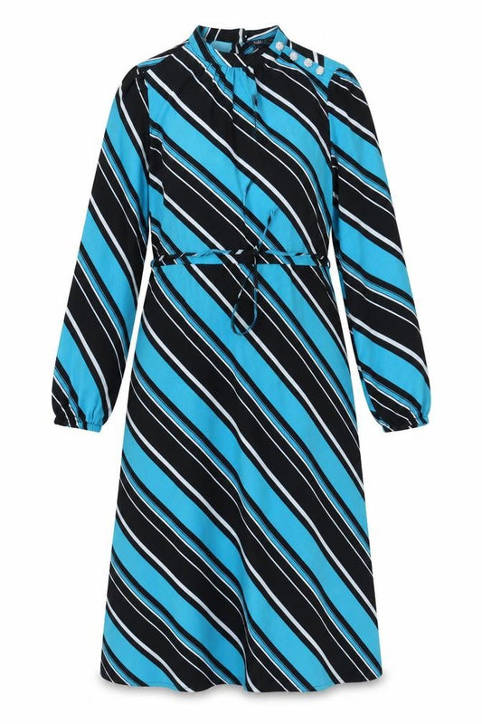 Front view of Marks & Spencer women’s blue striped polyester a-line, size UK 10, mock neck button