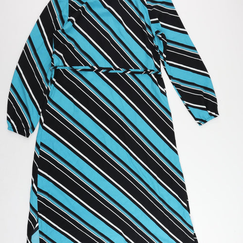 Marks and Spencer Womens Blue Striped Polyester A-Line Size 10 Mock Neck Button