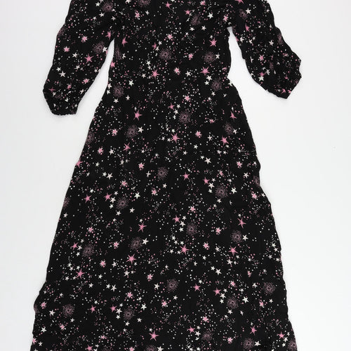Marks and Spencer Womens Black Geometric Viscose Maxi Size 10 Round Neck Zip - Star Pattern