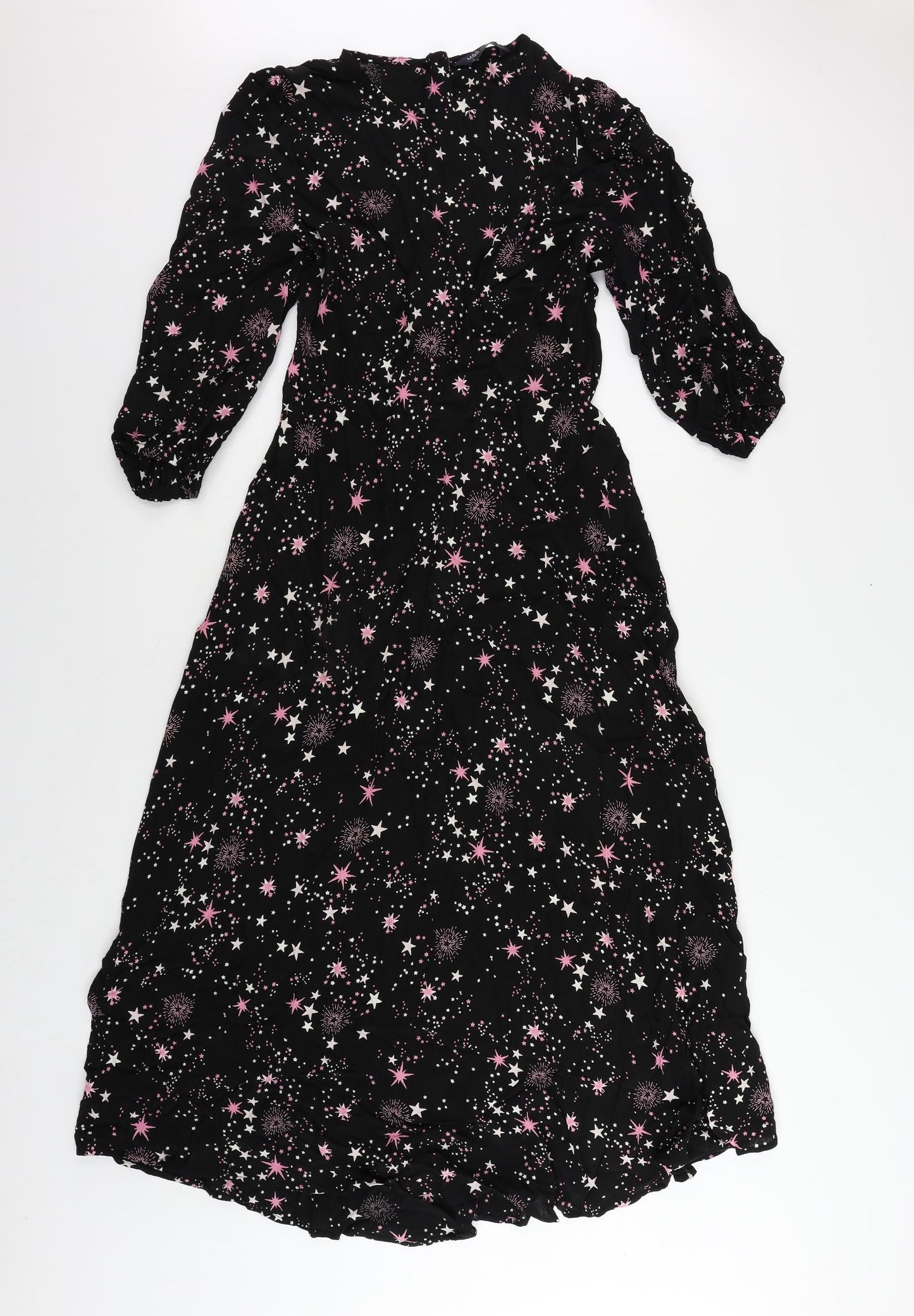 Marks and Spencer Womens Black Geometric Viscose Maxi Size 10 Round Neck Zip - Star Pattern