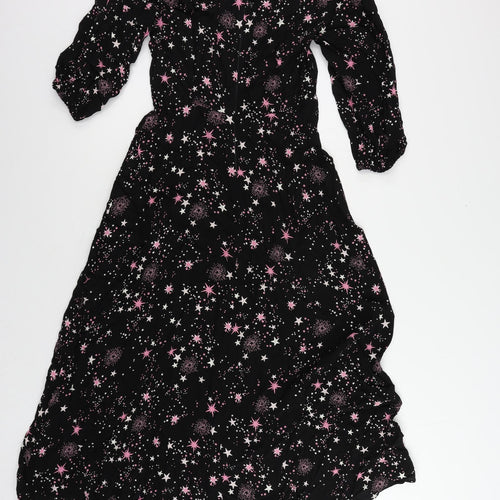 Marks and Spencer Womens Black Geometric Viscose Maxi Size 10 Round Neck Zip - Star Pattern