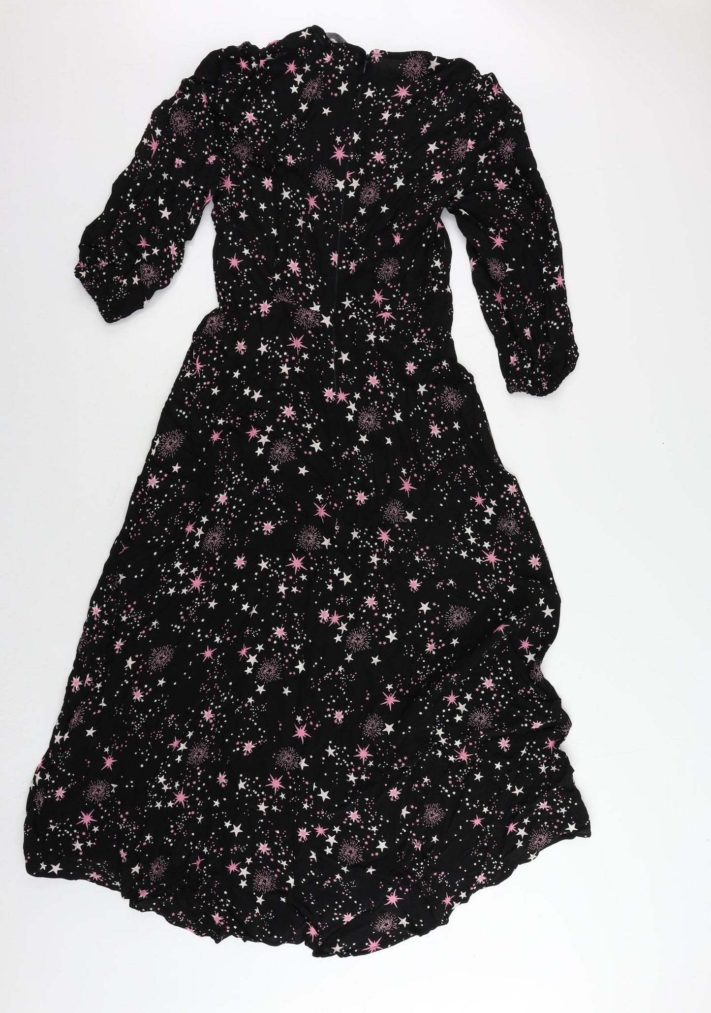 Marks and Spencer Womens Black Geometric Viscose Maxi Size 10 Round Neck Zip - Star Pattern