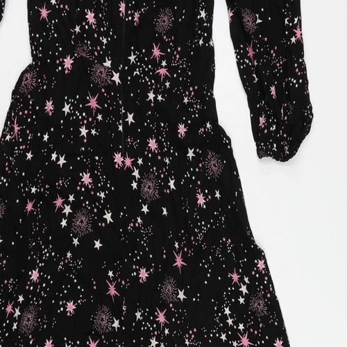 Marks and Spencer Womens Black Geometric Viscose Maxi Size 10 Round Neck Zip - Star Pattern