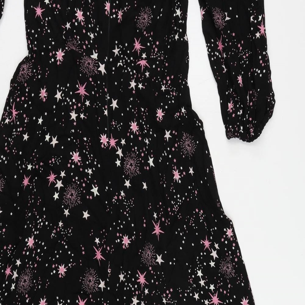 Marks and Spencer Womens Black Geometric Viscose Maxi Size 10 Round Neck Zip - Star Pattern